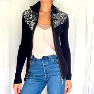 Boston Proper black full zip knit- stretched sweater , size M